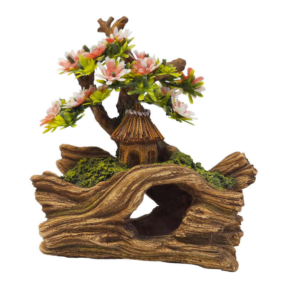 Nobby akvarijní dekorace DŘEVO S BUDOU s rostlinami 14,5 x 9 x 16,3 cm 1 balení