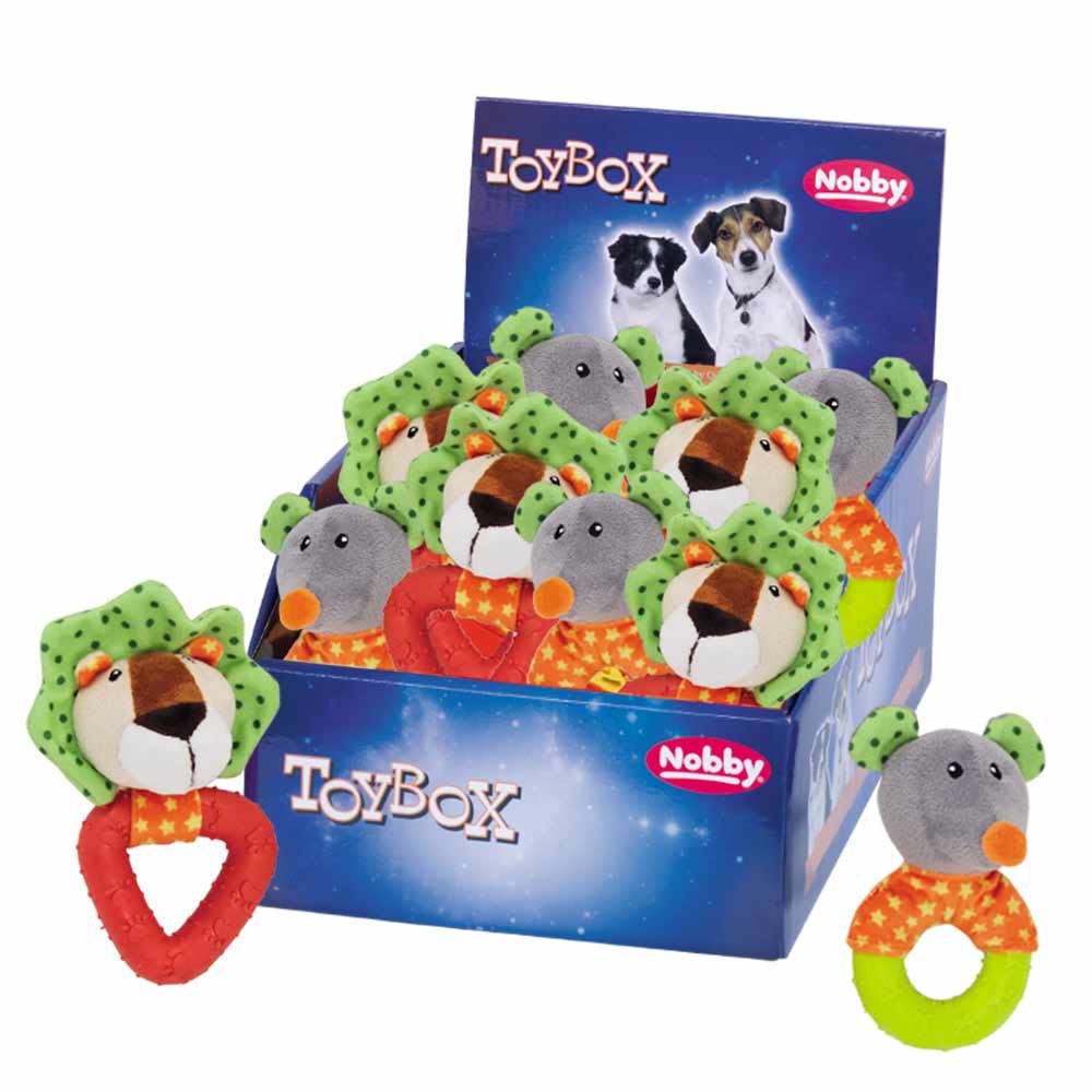 Nobby TOYBOX hračka Plyšový lev a myš s TPR kroužkem 18 ks / 12+15 cm 1 balení