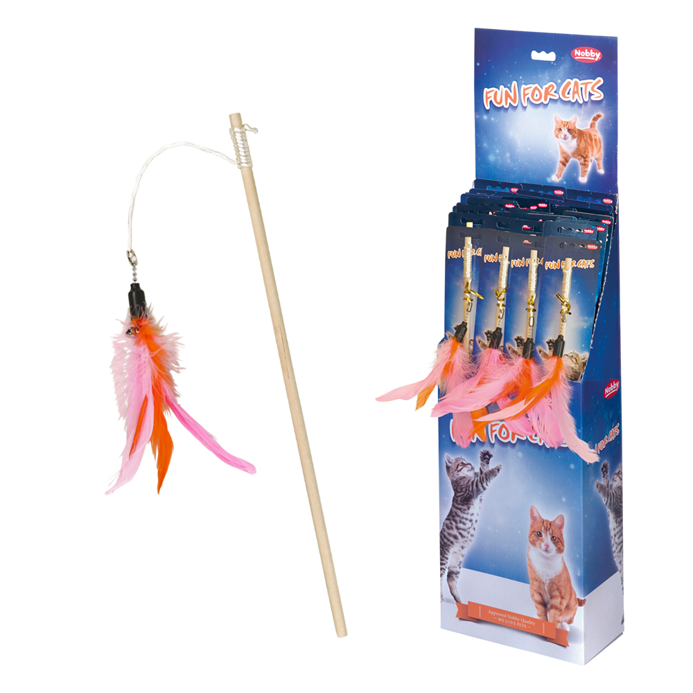 Nobby Prut s peříčky, display 24 ks, tyč 40 cm; popruh s hračkou 60 cm 1 balení