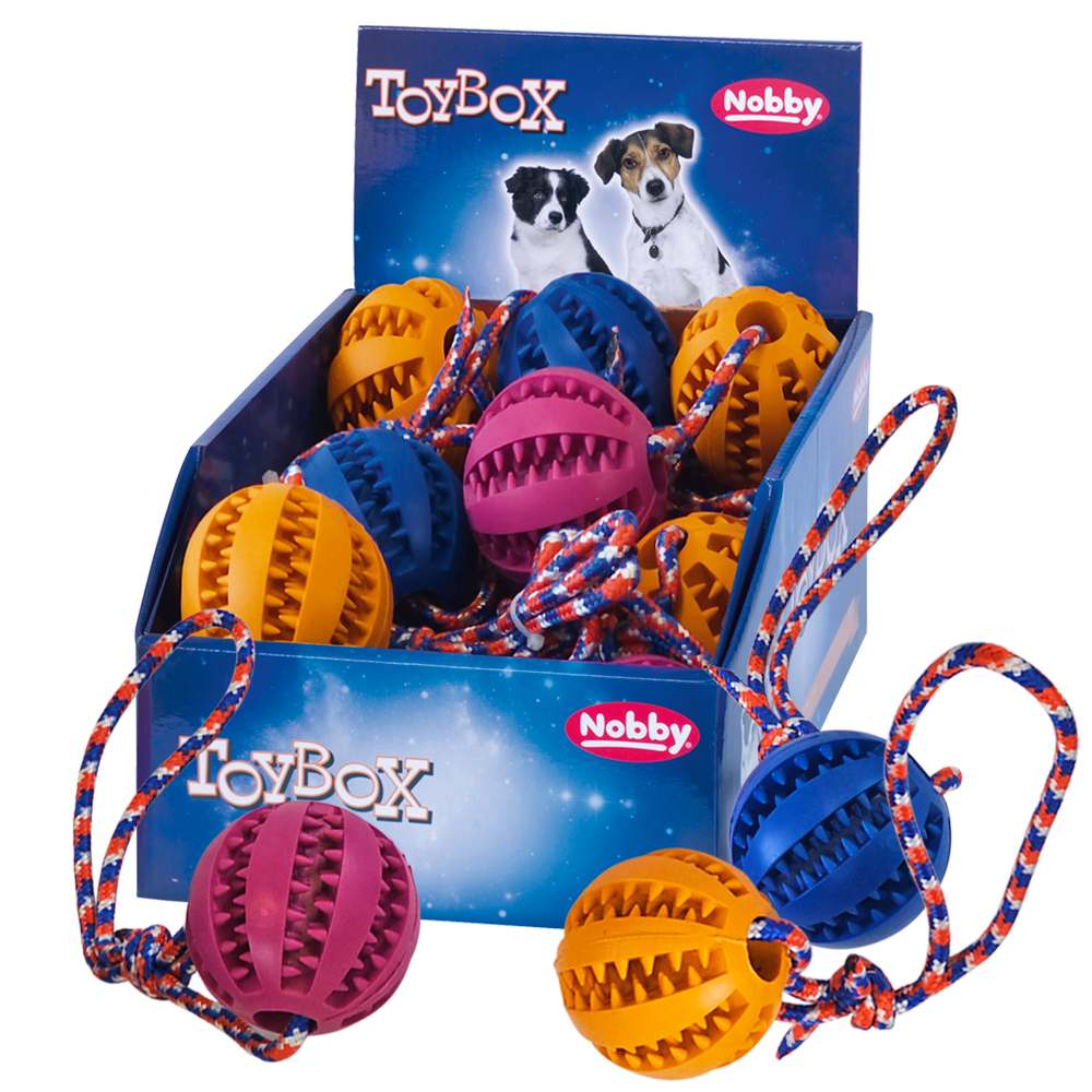Nobby TOYBOX Dog hračky dentální gumový míček s provazem 16 ks 7 x 30 cm 1 balení